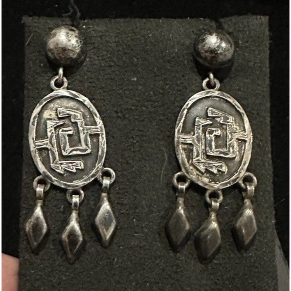 Vintage Sterling Silver 925 Primitive Mayan Fringed Drop Dangle Earrings 14.7 Gr